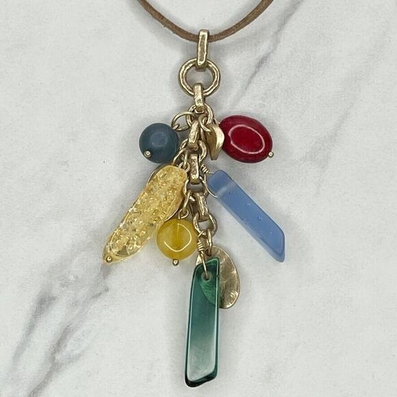 Chico's Brown Cord Gold Colorful Beaded Pendant Boho Necklace ✨ - Picture 2 of 9